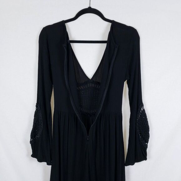 Volcom Babydoll Dress Womens M Black Gauze Y2K Beach Crochet Flowy Deep V - Picture 7 of 12